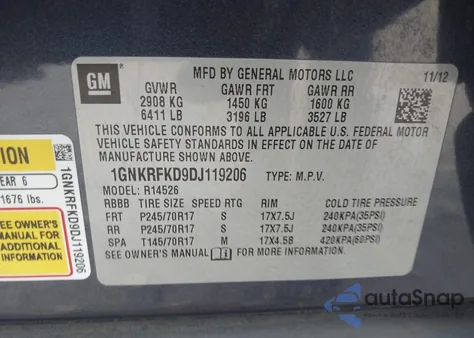 2013 Chevrolet Traverse Ls from USA, damaged, VIN 1GNKRFKD9DJ119206